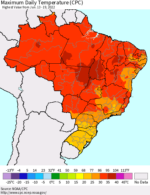 Brazil Maximum Daily Temperature (CPC) Thematic Map For 6/13/2022 - 6/19/2022