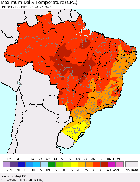 Brazil Maximum Daily Temperature (CPC) Thematic Map For 6/20/2022 - 6/26/2022