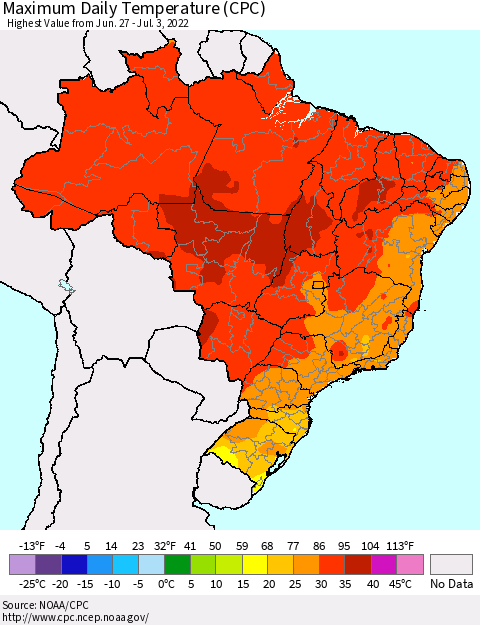 Brazil Maximum Daily Temperature (CPC) Thematic Map For 6/27/2022 - 7/3/2022