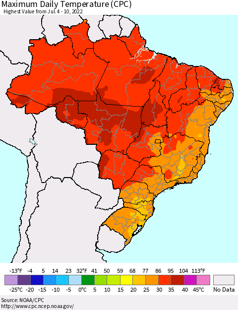 Brazil Maximum Daily Temperature (CPC) Thematic Map For 7/4/2022 - 7/10/2022