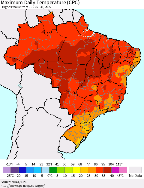 Brazil Maximum Daily Temperature (CPC) Thematic Map For 7/25/2022 - 7/31/2022