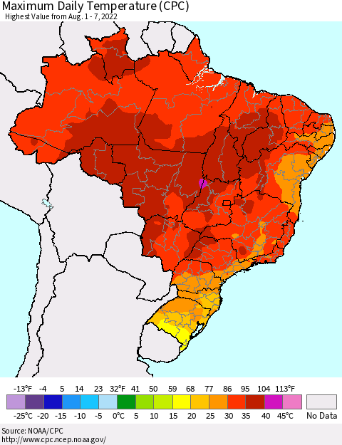 Brazil Maximum Daily Temperature (CPC) Thematic Map For 8/1/2022 - 8/7/2022