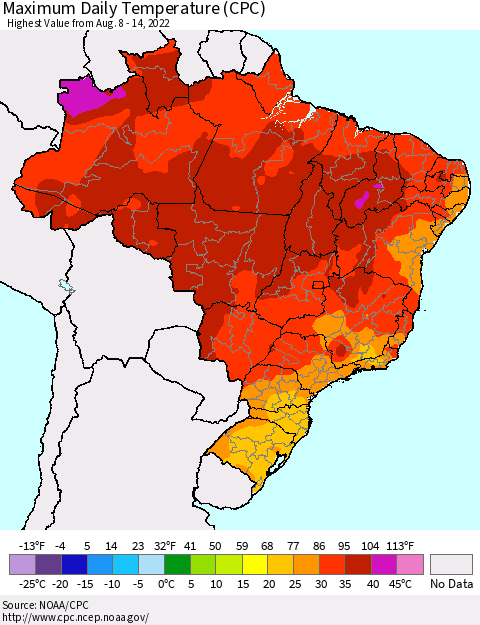 Brazil Maximum Daily Temperature (CPC) Thematic Map For 8/8/2022 - 8/14/2022