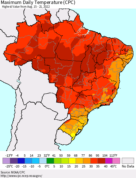Brazil Maximum Daily Temperature (CPC) Thematic Map For 8/15/2022 - 8/21/2022