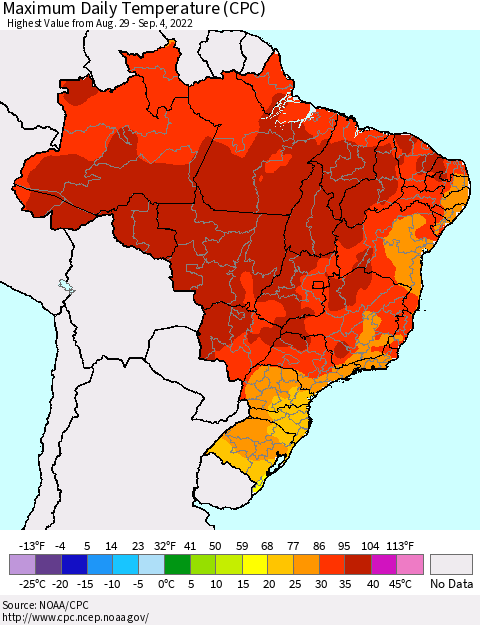 Brazil Maximum Daily Temperature (CPC) Thematic Map For 8/29/2022 - 9/4/2022