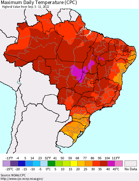 Brazil Maximum Daily Temperature (CPC) Thematic Map For 9/5/2022 - 9/11/2022