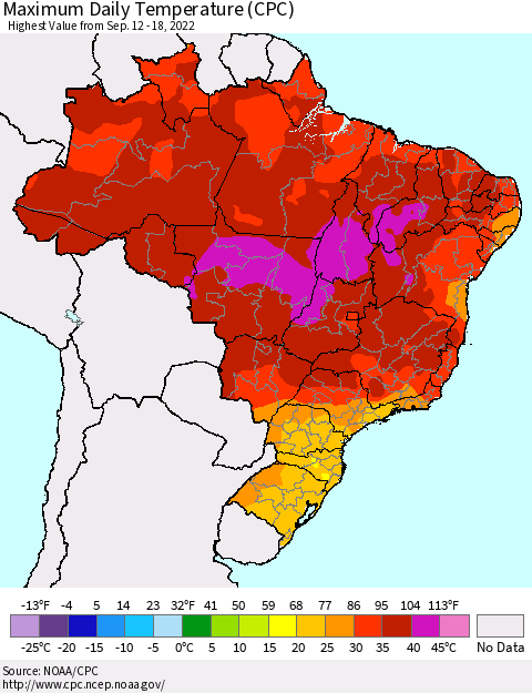 Brazil Maximum Daily Temperature (CPC) Thematic Map For 9/12/2022 - 9/18/2022