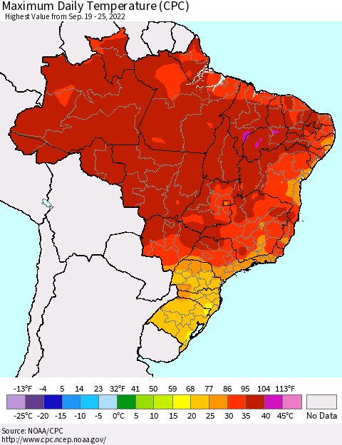 Brazil Maximum Daily Temperature (CPC) Thematic Map For 9/19/2022 - 9/25/2022