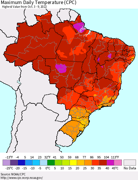 Brazil Maximum Daily Temperature (CPC) Thematic Map For 10/3/2022 - 10/9/2022