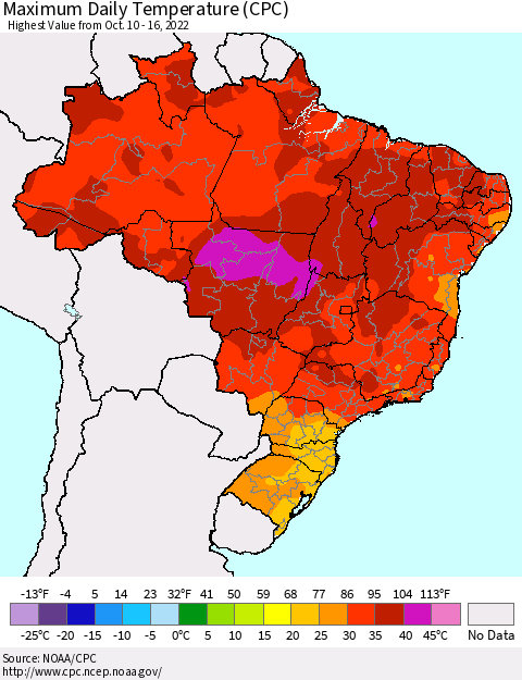 Brazil Maximum Daily Temperature (CPC) Thematic Map For 10/10/2022 - 10/16/2022