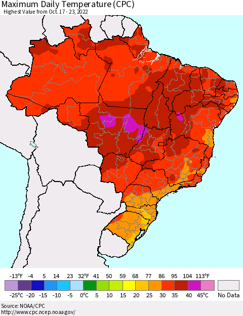 Brazil Maximum Daily Temperature (CPC) Thematic Map For 10/17/2022 - 10/23/2022