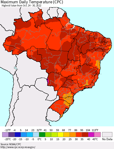 Brazil Maximum Daily Temperature (CPC) Thematic Map For 10/24/2022 - 10/30/2022