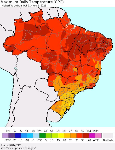 Brazil Maximum Daily Temperature (CPC) Thematic Map For 10/31/2022 - 11/6/2022