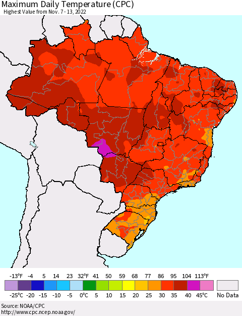 Brazil Maximum Daily Temperature (CPC) Thematic Map For 11/7/2022 - 11/13/2022
