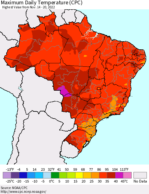 Brazil Maximum Daily Temperature (CPC) Thematic Map For 11/14/2022 - 11/20/2022