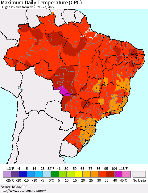 Brazil Maximum Daily Temperature (CPC) Thematic Map For 11/21/2022 - 11/27/2022