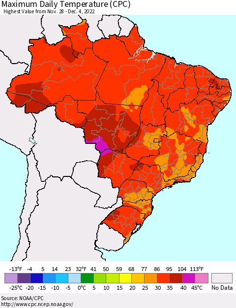 Brazil Maximum Daily Temperature (CPC) Thematic Map For 11/28/2022 - 12/4/2022