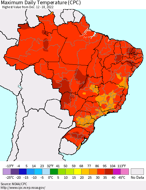 Brazil Maximum Daily Temperature (CPC) Thematic Map For 12/12/2022 - 12/18/2022