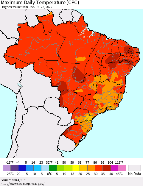 Brazil Maximum Daily Temperature (CPC) Thematic Map For 12/19/2022 - 12/25/2022