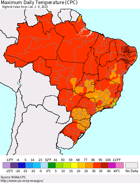 Brazil Maximum Daily Temperature (CPC) Thematic Map For 1/2/2023 - 1/8/2023