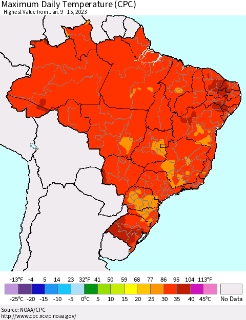 Brazil Maximum Daily Temperature (CPC) Thematic Map For 1/9/2023 - 1/15/2023