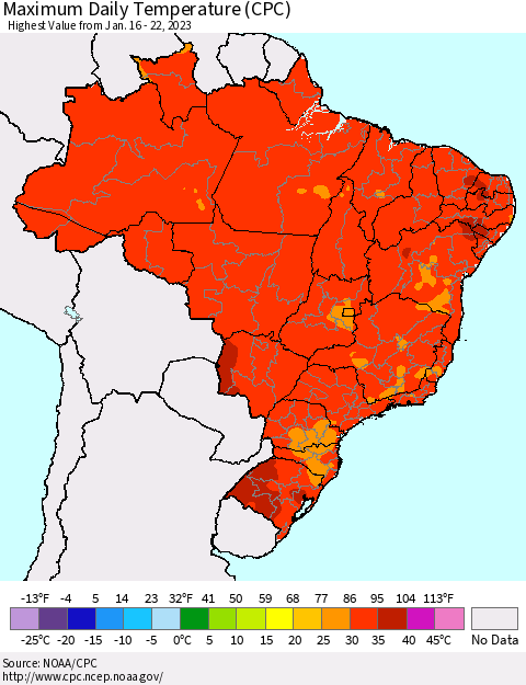Brazil Maximum Daily Temperature (CPC) Thematic Map For 1/16/2023 - 1/22/2023