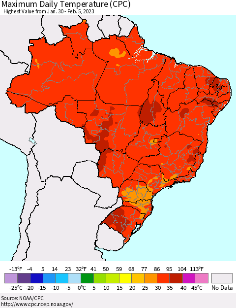 Brazil Maximum Daily Temperature (CPC) Thematic Map For 1/30/2023 - 2/5/2023