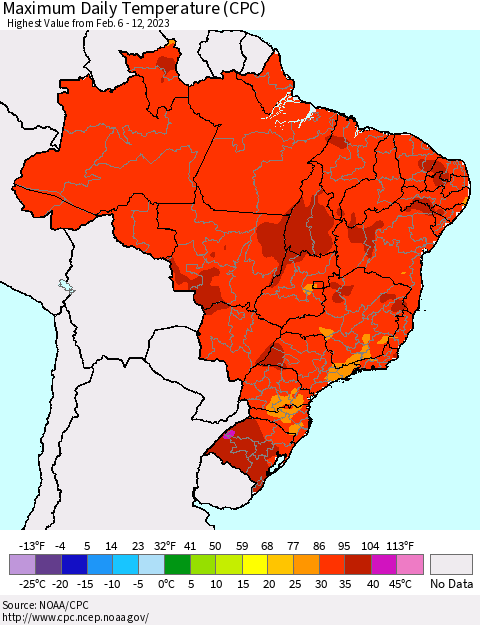 Brazil Maximum Daily Temperature (CPC) Thematic Map For 2/6/2023 - 2/12/2023