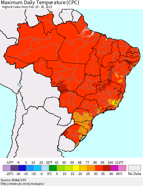 Brazil Maximum Daily Temperature (CPC) Thematic Map For 2/20/2023 - 2/26/2023