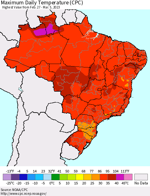 Brazil Maximum Daily Temperature (CPC) Thematic Map For 2/27/2023 - 3/5/2023