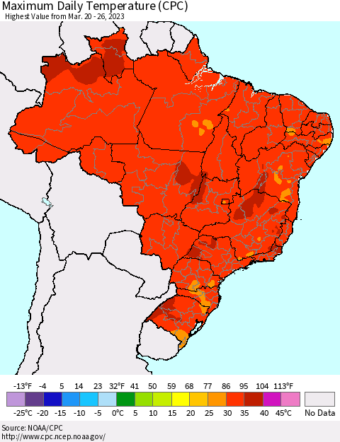 Brazil Maximum Daily Temperature (CPC) Thematic Map For 3/20/2023 - 3/26/2023