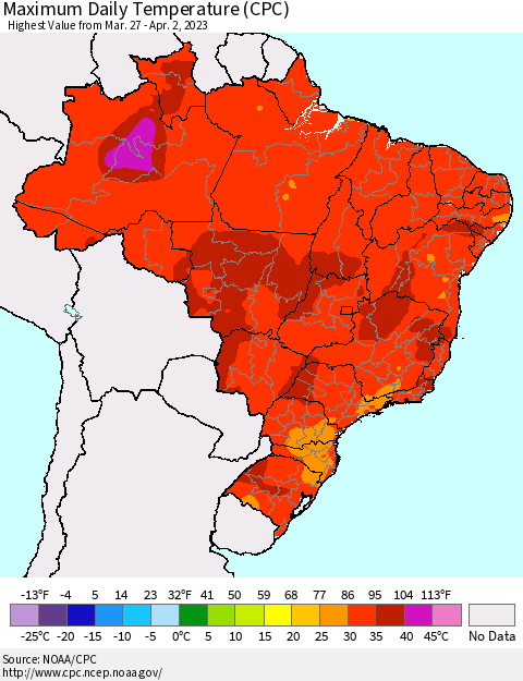Brazil Maximum Daily Temperature (CPC) Thematic Map For 3/27/2023 - 4/2/2023