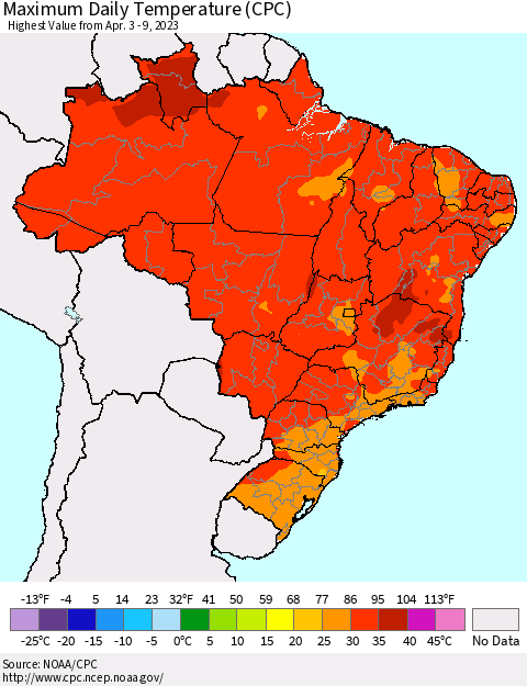 Brazil Maximum Daily Temperature (CPC) Thematic Map For 4/3/2023 - 4/9/2023
