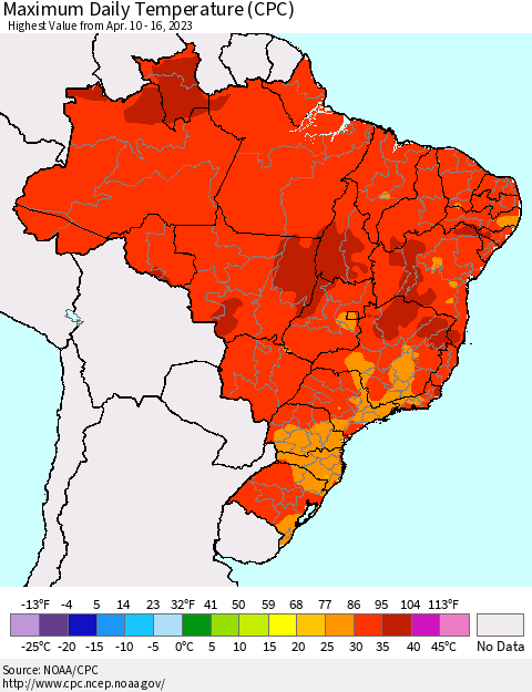 Brazil Maximum Daily Temperature (CPC) Thematic Map For 4/10/2023 - 4/16/2023