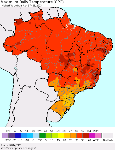 Brazil Maximum Daily Temperature (CPC) Thematic Map For 4/17/2023 - 4/23/2023