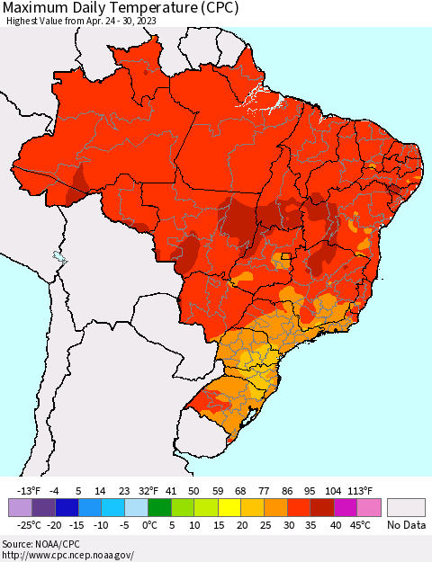 Brazil Maximum Daily Temperature (CPC) Thematic Map For 4/24/2023 - 4/30/2023