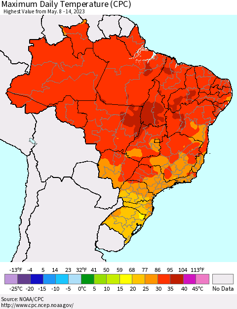 Brazil Maximum Daily Temperature (CPC) Thematic Map For 5/8/2023 - 5/14/2023