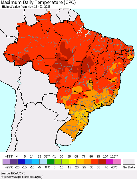 Brazil Maximum Daily Temperature (CPC) Thematic Map For 5/15/2023 - 5/21/2023