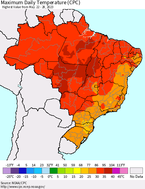 Brazil Maximum Daily Temperature (CPC) Thematic Map For 5/22/2023 - 5/28/2023