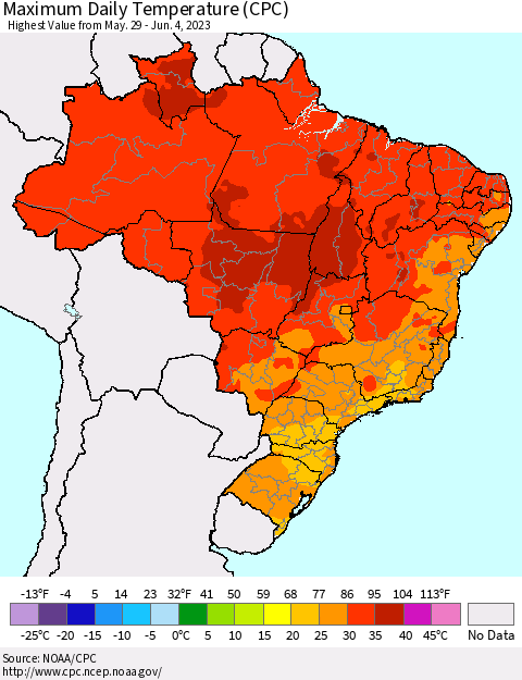 Brazil Maximum Daily Temperature (CPC) Thematic Map For 5/29/2023 - 6/4/2023