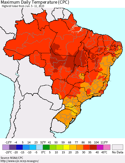 Brazil Maximum Daily Temperature (CPC) Thematic Map For 6/5/2023 - 6/11/2023