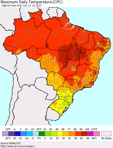 Brazil Maximum Daily Temperature (CPC) Thematic Map For 6/12/2023 - 6/18/2023