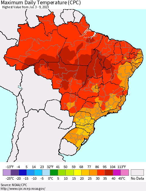 Brazil Maximum Daily Temperature (CPC) Thematic Map For 7/3/2023 - 7/9/2023