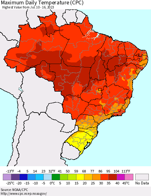 Brazil Maximum Daily Temperature (CPC) Thematic Map For 7/10/2023 - 7/16/2023