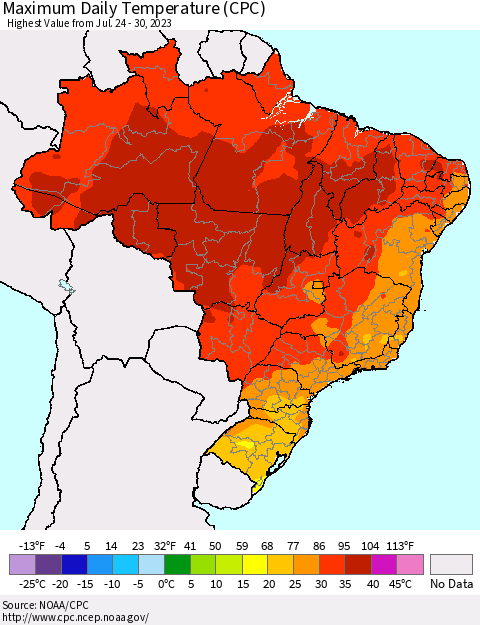 Brazil Maximum Daily Temperature (CPC) Thematic Map For 7/24/2023 - 7/30/2023