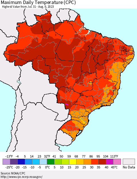 Brazil Maximum Daily Temperature (CPC) Thematic Map For 7/31/2023 - 8/6/2023