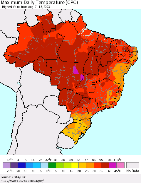 Brazil Maximum Daily Temperature (CPC) Thematic Map For 8/7/2023 - 8/13/2023