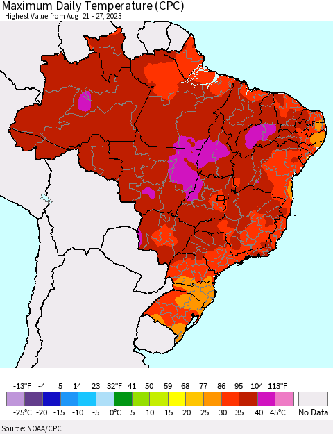 Brazil Maximum Daily Temperature (CPC) Thematic Map For 8/21/2023 - 8/27/2023