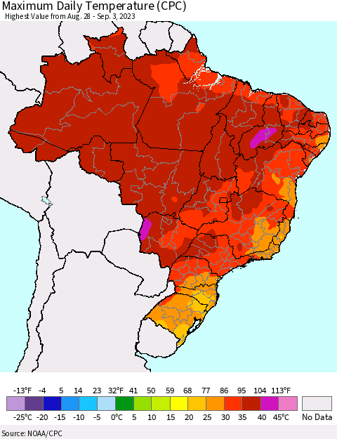 Brazil Maximum Daily Temperature (CPC) Thematic Map For 8/28/2023 - 9/3/2023