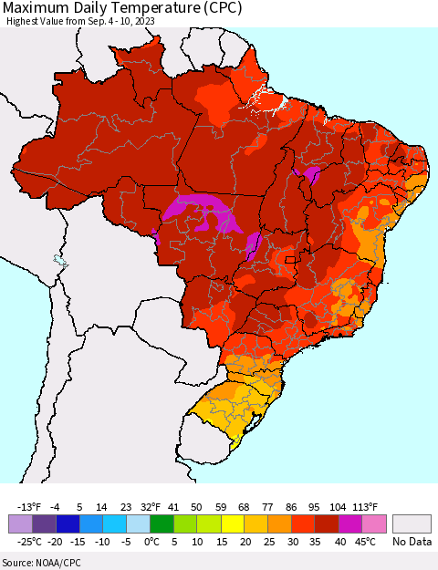 Brazil Maximum Daily Temperature (CPC) Thematic Map For 9/4/2023 - 9/10/2023